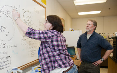 Aubree Hancoop works with MSU-B associate professor Tom Lewis on biochemical research. (courtesy photo)