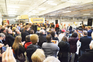 Republican gubernatorial candidate Greg Gianforte addresses a crowd of supporters, and reporters, on Wednesday at Peterbilt in Lockwood. (Jonathan McNiven photo) 